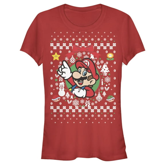 Junior's Nintendo Ugly Christmas Mario Wreath  Graphic Tee Red Medium