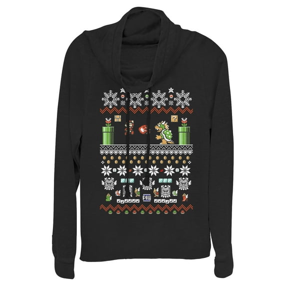 Junior's Nintendo Ugly Christmas Mario and Bowser Cowl Neck Sweatshirt Black 2X Large
