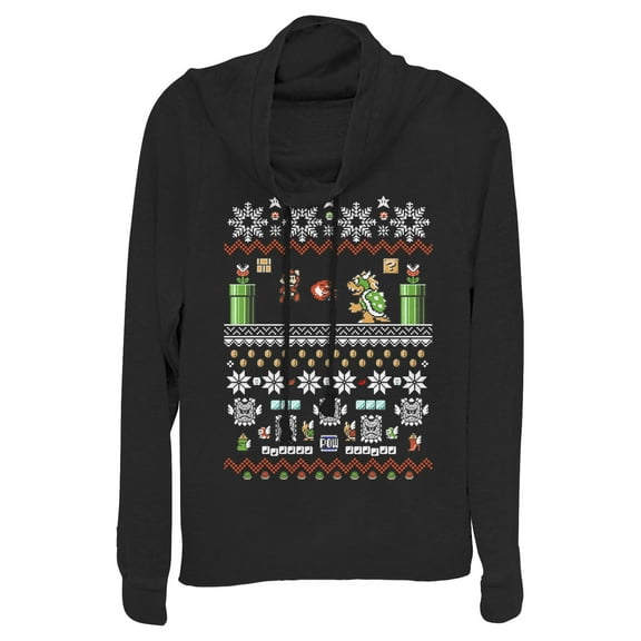 Junior's Nintendo Ugly Christmas Mario and Bowser  Cowl Neck Sweatshirt Black X Large