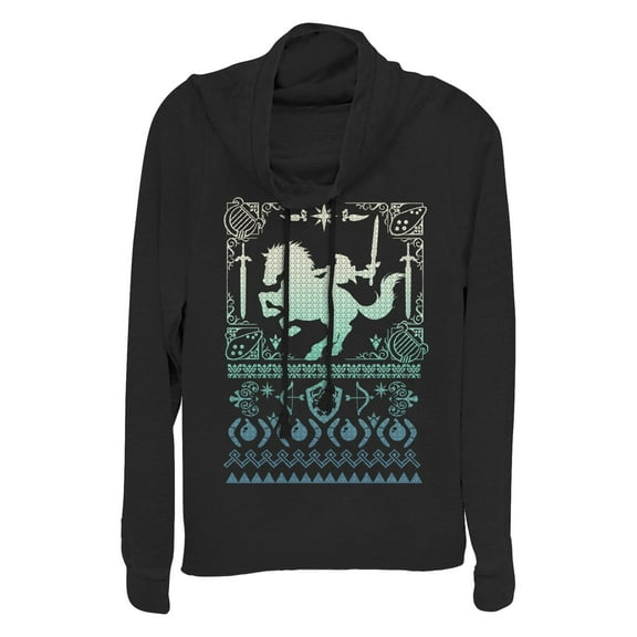 Junior's Nintendo Ugly Christmas Sweater Print Link Icons  Cowl Neck Sweatshirt