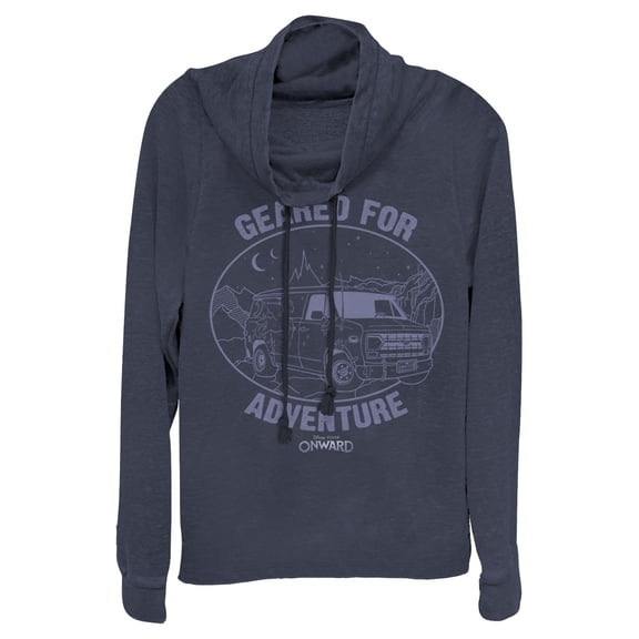 Junior's Onward Geared for Adventure Night Cowl Neck Sweatshirt Navy Blue Medium