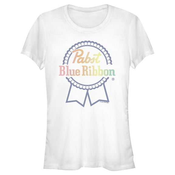 Junior's Pabst Rainbow Blue Ribbon Logo  Graphic Tee White Medium