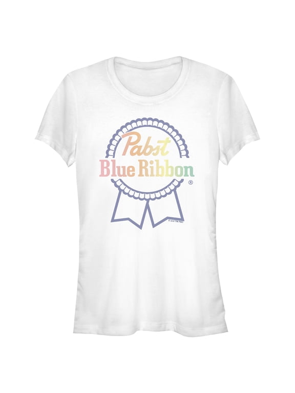 Junior's Pabst Rainbow Blue Ribbon Logo Graphic Tee White Small