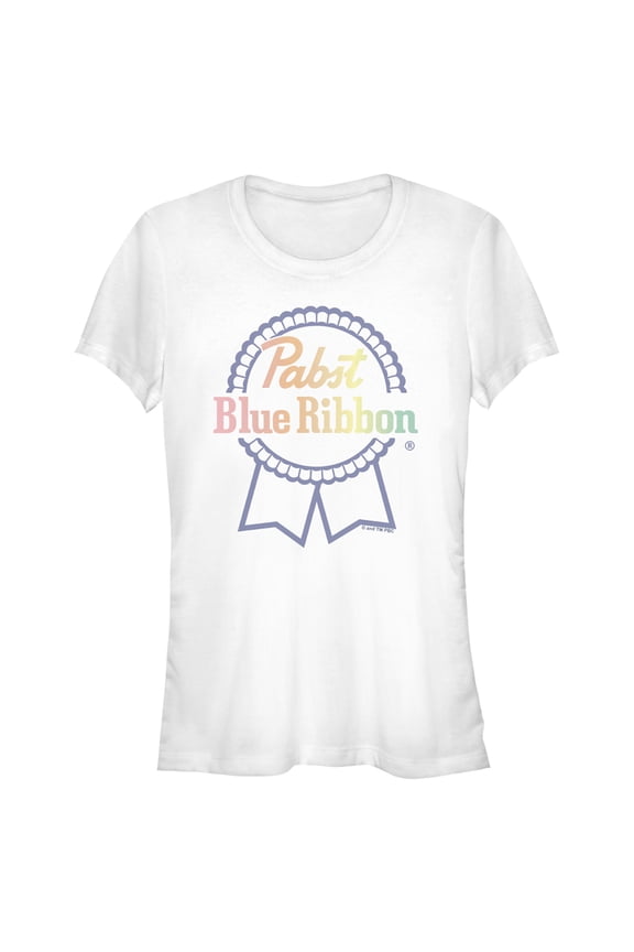 Junior's Pabst Rainbow Blue Ribbon Logo Graphic Tee White Small