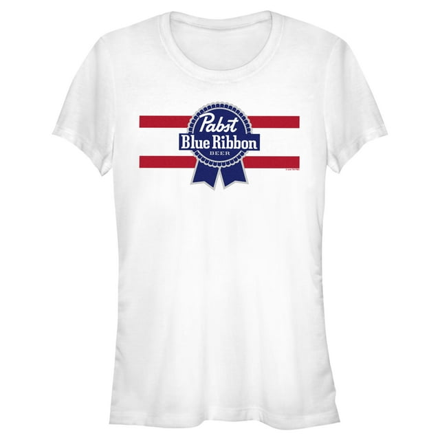 Junior's Pabst Red Stripe Blue Ribbon  Graphic Tee White Small