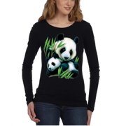 KOYOTEE Junior's Panda & Cub Black Long SLV V-Neck T-Shirt 2X-Large Black