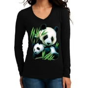 KOYOTEE Junior's Panda & Cub Black Long SLV V-Neck T-Shirt Large Black