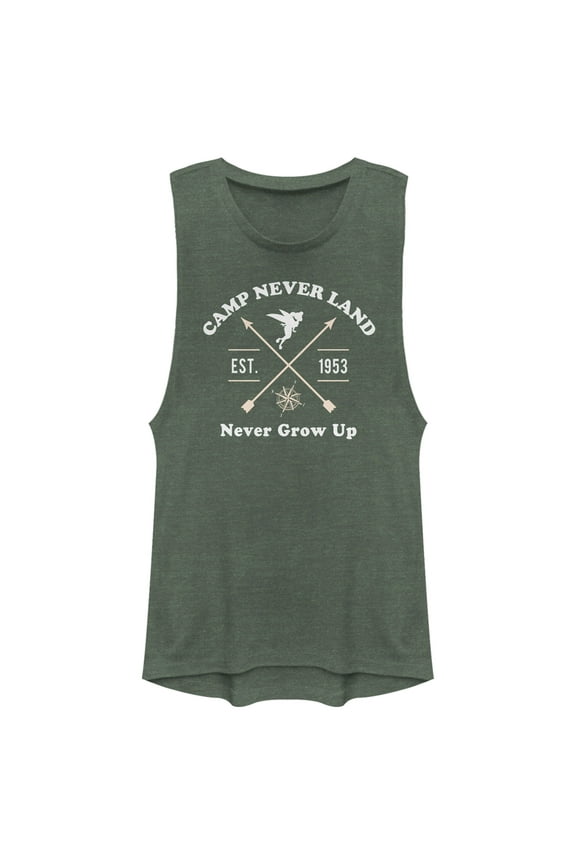 Junior's Peter Pan Camp Neverland Tinkerbell Est. 1953  Festival Muscle Graphic Tee Pine Green Heather Large