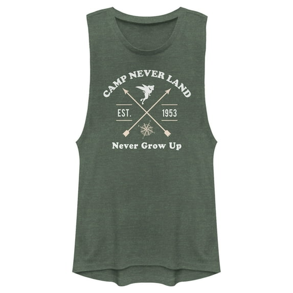 Junior's Peter Pan Camp Neverland Tinkerbell Est. 1953 Festival Muscle Graphic Tee Pine Green Heather X Large