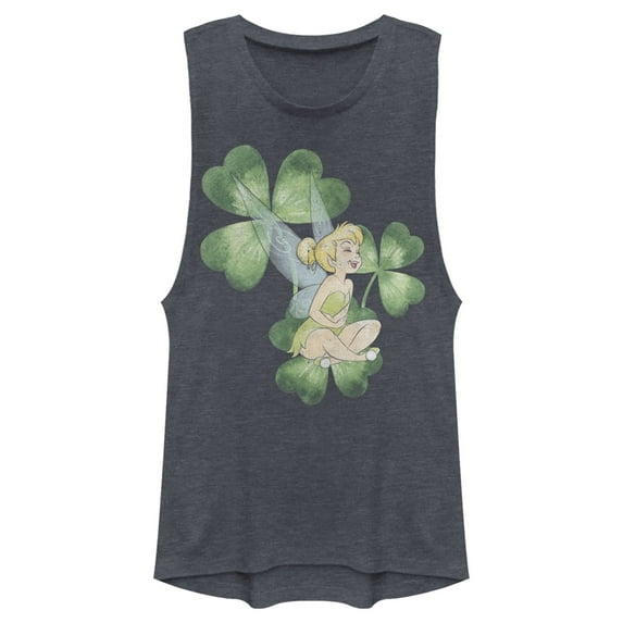 Junior's Peter Pan Peter Pan St. Patrick's Day Tinkerbell Shamrocks Distressed Festival Muscle Graphic Tee Denim Blue Heather Medium