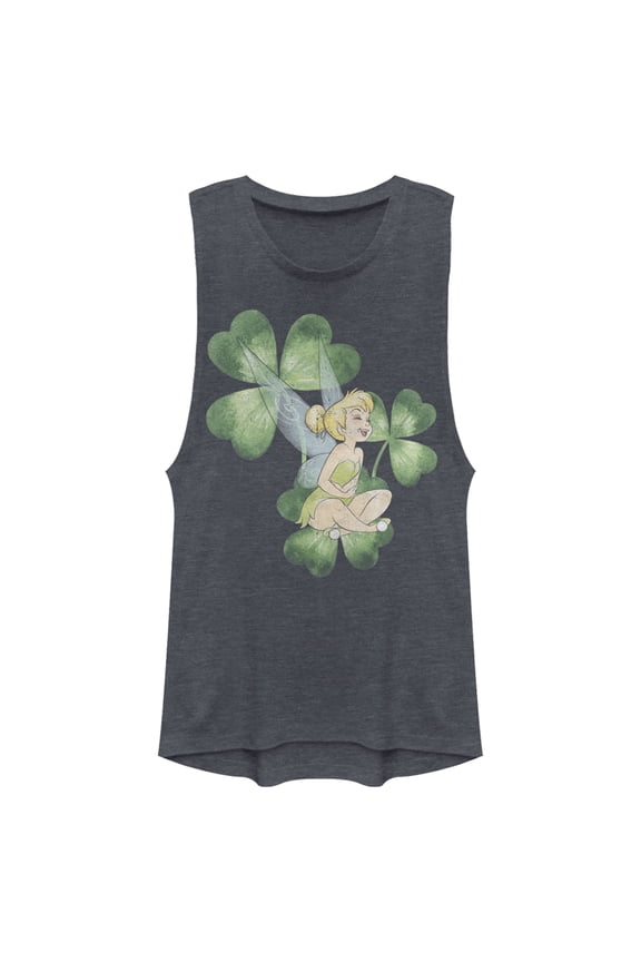Junior's Peter Pan Peter Pan St. Patrick's Day Tinkerbell Shamrocks Distressed Festival Muscle Graphic Tee Denim Blue Heather Small