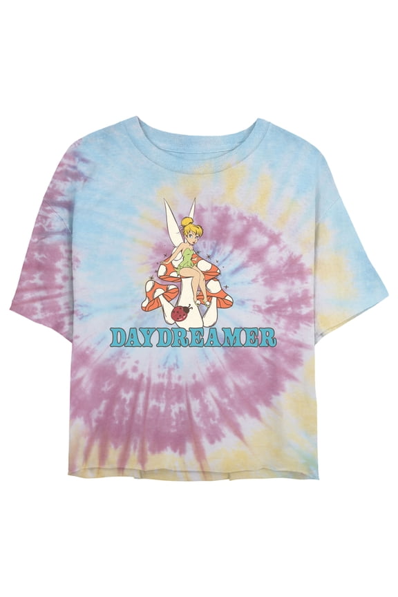 Juniors' Peter Pan Tinker Bell Daydreamer Mushroom Cropped T-Shirt Blue/Pink/Light Yellow X Large