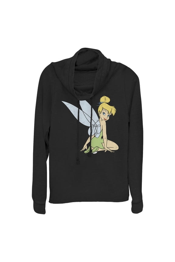 Junior's Peter Pan Tinker Bell Distressed Wings Portrait  Cowl Neck Sweatshirt Black 2X Large