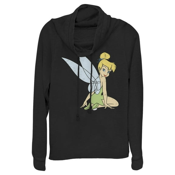 Junior's Peter Pan Tinker Bell Distressed Wings Portrait Cowl Neck Sweatshirt Black Medium