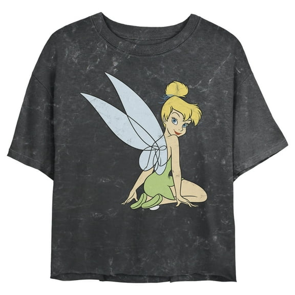 Junior's Peter Pan Tinker Bell Distressed Wings Portrait Crop Graphic Tee Black 2X Large