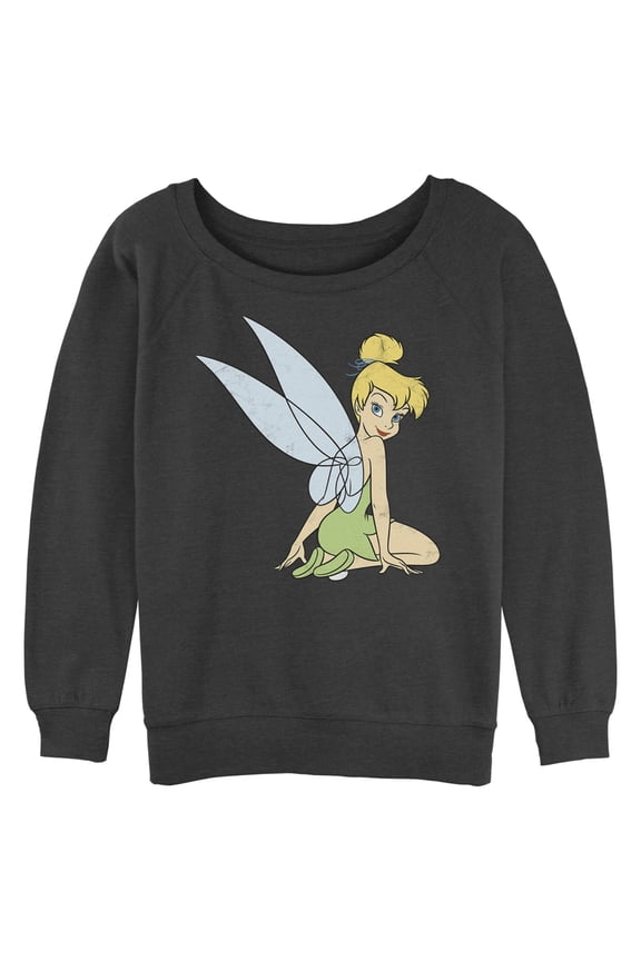 Junior's Peter Pan Tinker Bell Distressed Wings Portrait Sweatshirt Black 2X Large