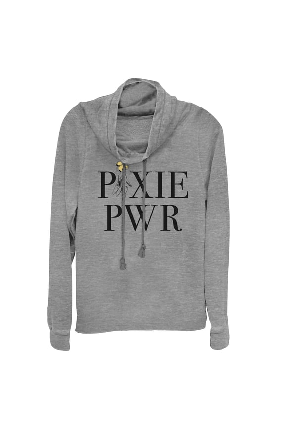 Junior's Peter Pan Tinker Bell Pixie Power Cowl Neck Sweatshirt Gray Heather Large