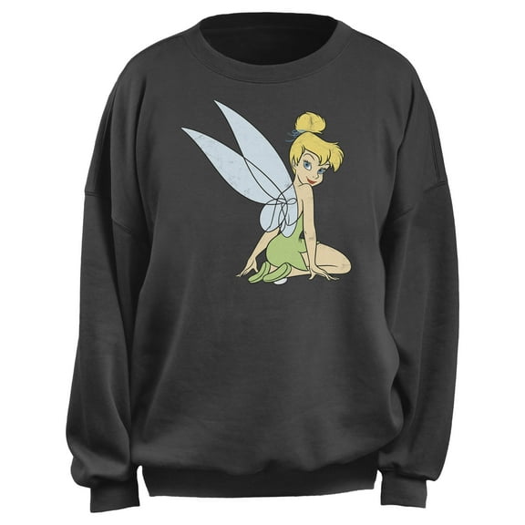 Junior's Peter Pan Tinker Bell Sitting Distressed Portrait  Sweatshirt Charcoal Medium
