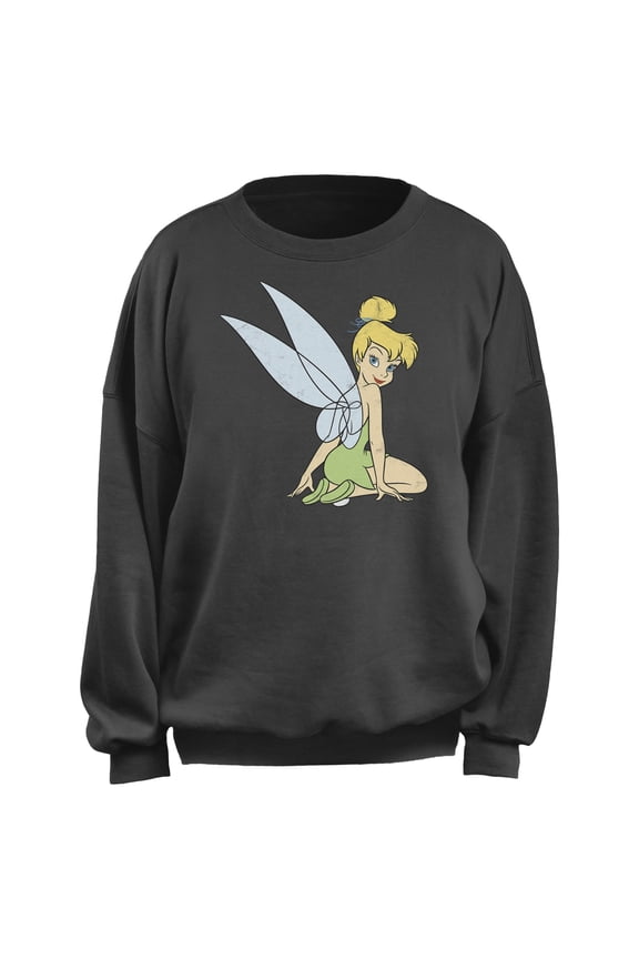 Junior's Peter Pan Tinker Bell Sitting Distressed Portrait Sweatshirt Charcoal Small