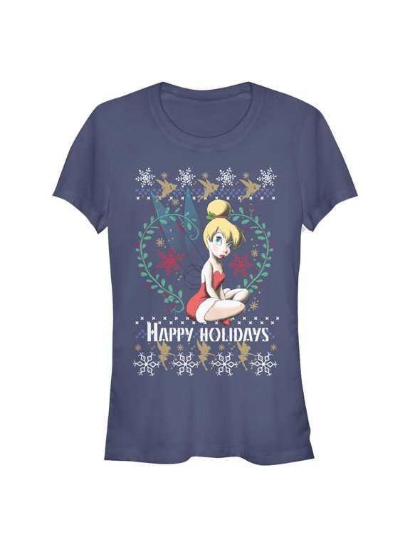 Junior's Peter Pan Ugly Christmas Tinker Bell Graphic Tee Navy Blue 2X Large
