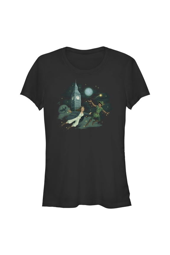 Junior's Peter Pan & Wendy Animated Flying Scene Graphic Tee Black Medium