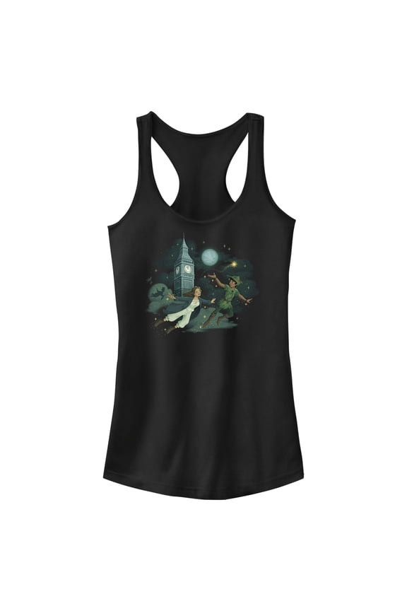 Junior's Peter Pan & Wendy Animated Flying Scene Racerback Tank Top Black Small