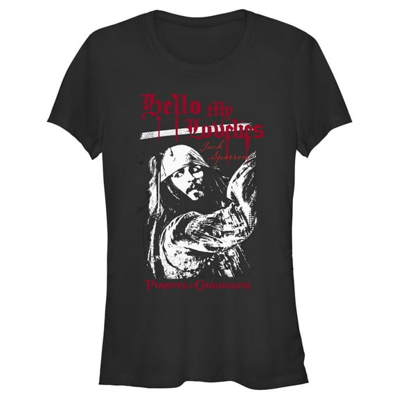 Junior's Pirates of the Caribbean: Curse of the Black Pearl Jack Sparrow Hello My Lovelies  Graphic Tee Black Medium