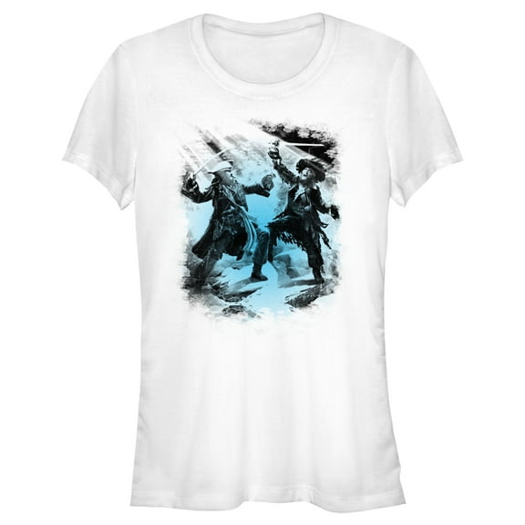 Junior's Pirates of the Caribbean: Curse of the Black Pearl Jack Sparrow and Hector Barbossa Duel Graphic Tee White 2X Large