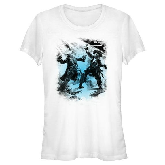 Junior's Pirates of the Caribbean: Curse of the Black Pearl Jack Sparrow and Hector Barbossa Duel Graphic Tee White X Large