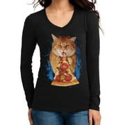 KOYOTEE Junior's Pizza Cat Black Long SLV V-Neck T-Shirt 3X-Large Black