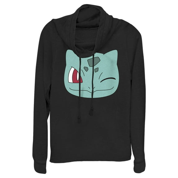 Junior's Pokemon Bulbasaur Wink Face Cowl Neck Sweatshirt Black 4X Large