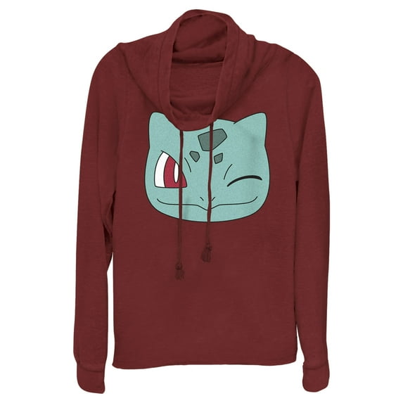 Junior's Pokemon Bulbasaur Wink Face Cowl Neck Sweatshirt Scarlet Medium