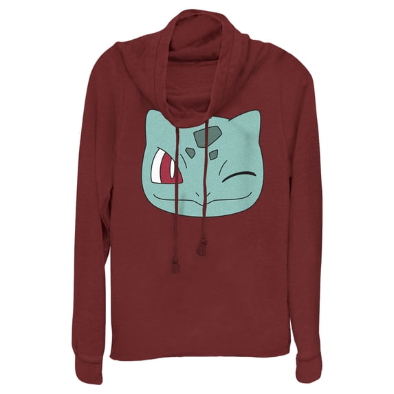 Junior's Pokemon Bulbasaur Wink Face Cowl Neck Sweatshirt Scarlet X Small