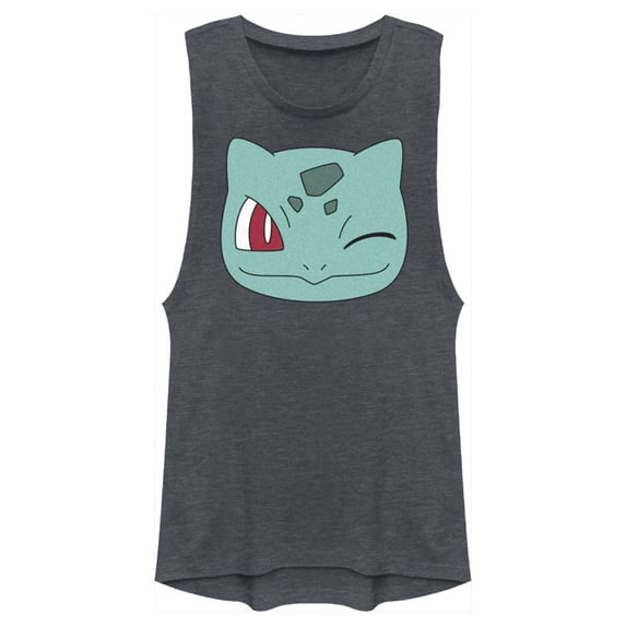 Junior's Pokemon Bulbasaur Wink Face Festival Muscle Graphic Tee Denim Blue Heather X Large