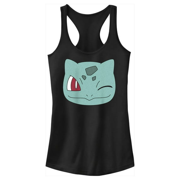 Junior's Pokemon Bulbasaur Wink Face Racerback Tank Top Black Small