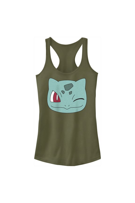 Junior's Pokemon Bulbasaur Wink Face Racerback Tank Top Military Green X Small