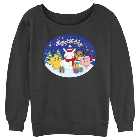 Junior's Pokemon Christmas Happy Holidays Snowman  Sweatshirt Charcoal Heather Small