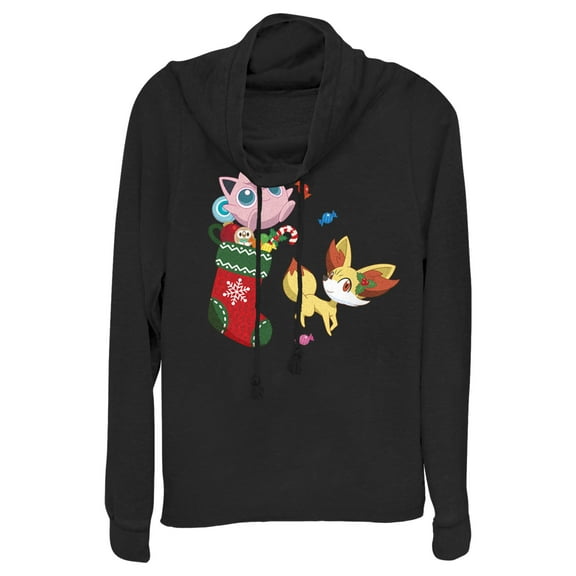 Junior's Pokemon Christmas Jigglypuff and Fennekin Stocking  Cowl Neck Sweatshirt Black Medium
