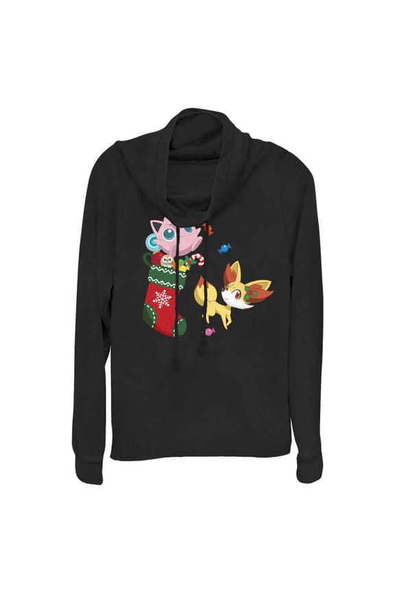 Junior's Pokemon Christmas Jigglypuff and Fennekin Stocking Cowl Neck Sweatshirt Black X Large