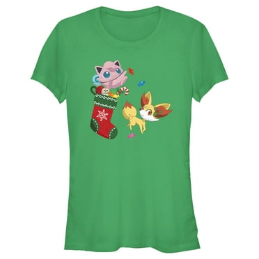 Junior's Pokemon Christmas Jigglypuff and Fennekin Stocking  Graphic Tee Kelly Green Small