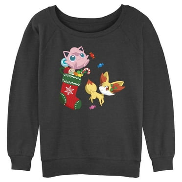 Junior's Pokemon Christmas Jigglypuff and Fennekin Stocking  Sweatshirt Charcoal Heather Small