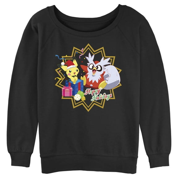 Junior's Pokemon Christmas Pichu and Delibird Happy Holidays Sweatshirt Black Large