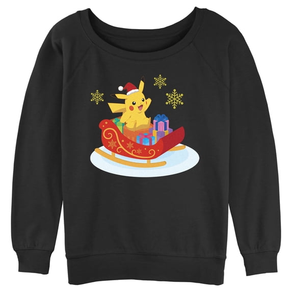 Junior's Pokemon Christmas Pikachu Sleigh Sweatshirt Black Large