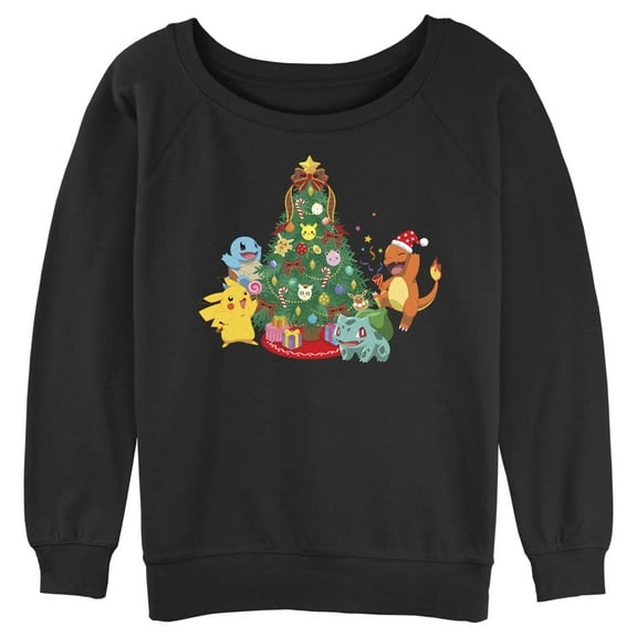 Junior's Pokemon Christmas Tree Characters Sweatshirt Black Small