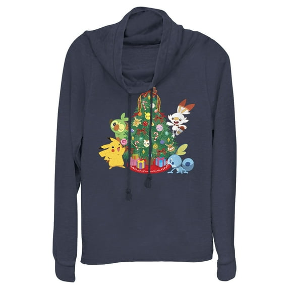 Junior's Pokemon Christmas Tree Friends Cowl Neck Sweatshirt Navy Blue X Large