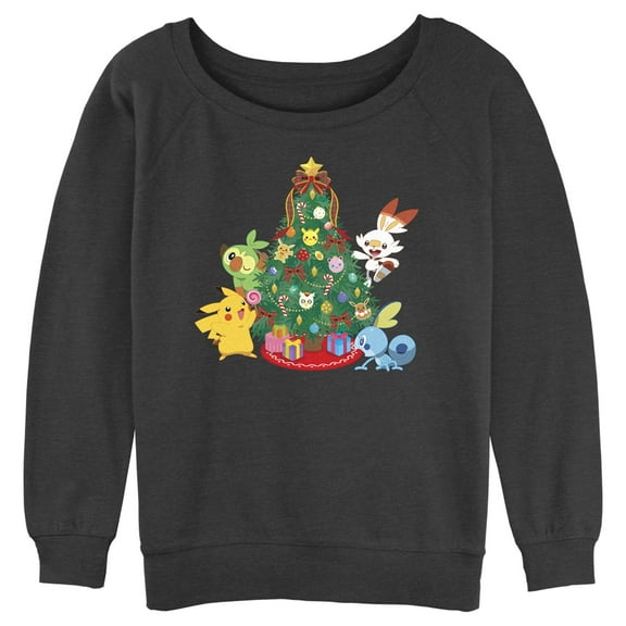 Junior's Pokemon Christmas Tree Friends  Sweatshirt Charcoal Heather 2X Large