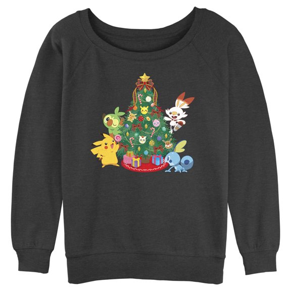Junior's Pokemon Christmas Tree Friends Sweatshirt Charcoal Heather Large