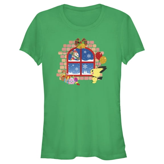 Junior's Pokemon Christmas Window Graphic Tee Kelly Green Large