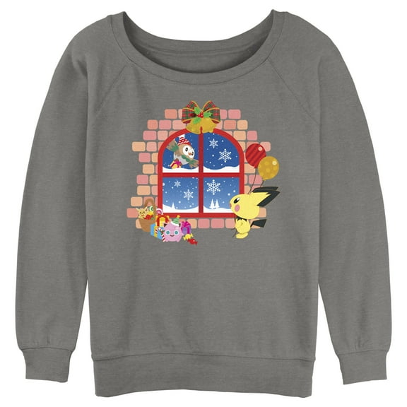 Junior's Pokemon Christmas Window  Sweatshirt Gray Heather Large