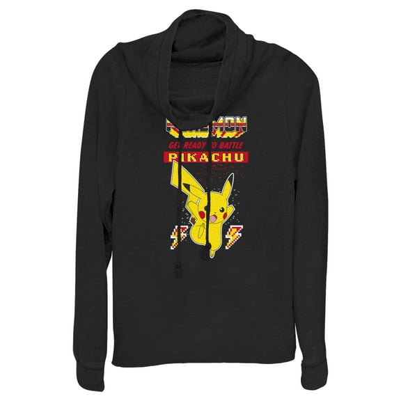 Junior's Pokemon Get Ready to Battle Pikachu Retro  Cowl Neck Sweatshirt Black Small
